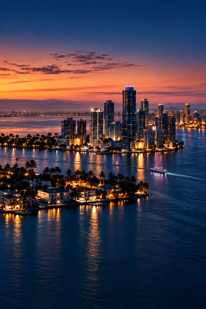 Miami waterfront skyline at twilight